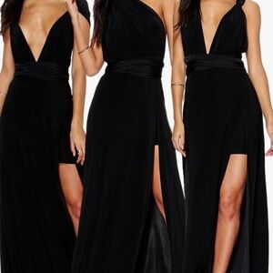 Boohoo multi-way maxi black dress stretch material side slit flying dress Greece